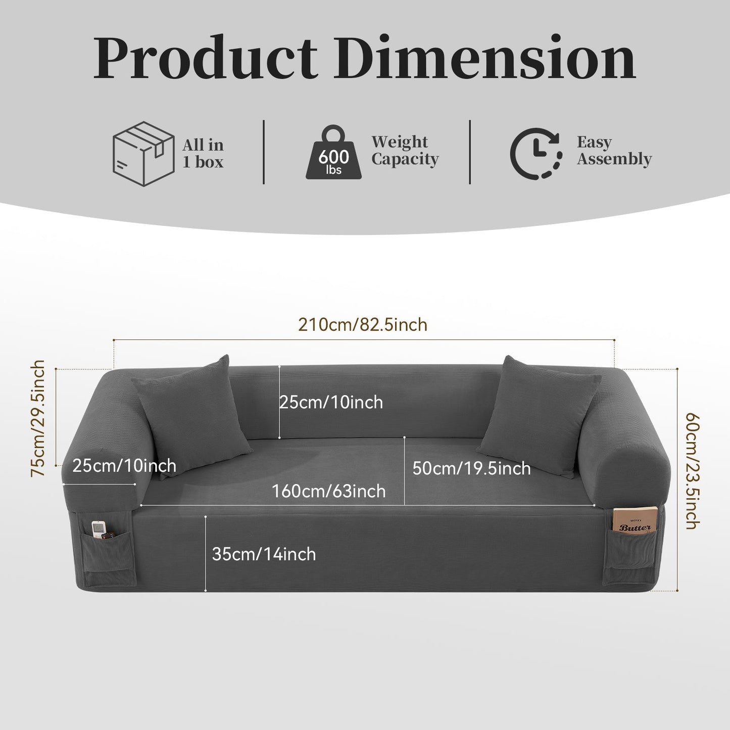 Spring Sofa with High-Quality Fabric, Pillows & Storage