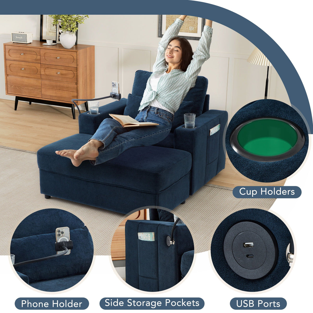 Modern Style Armchair Chaise Lounge Sofa Couch With Movable Storage Ottoman, USB Ports, Cup Holders, Phone - view 6