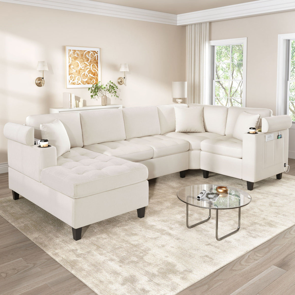 U Shaped Sectional Sofa, Corner Living Room Couch With Built In Cup Holders, Storage, USB Ports - view 22