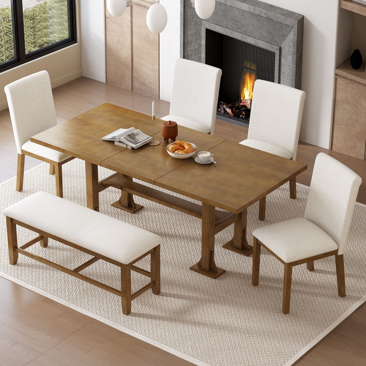 Topmax - 6 Piece Farmhouse Extendable Dining Table Set Trestle Kitchen Table Set With Removable Leaf And - view 11