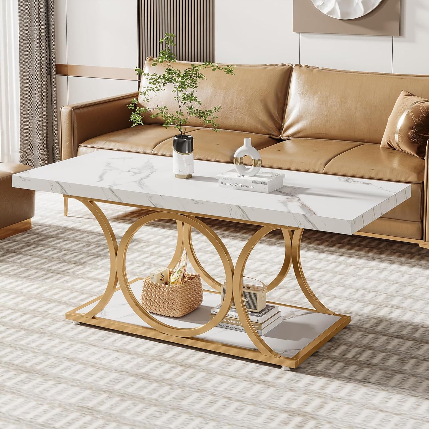 47.24-Inch Modern Rectangle Coffee Table in White & Gold