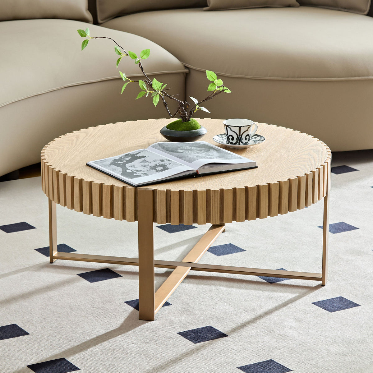 Modern Handcraft Drum Coffee Table with Pedestal Base - Natural Finish