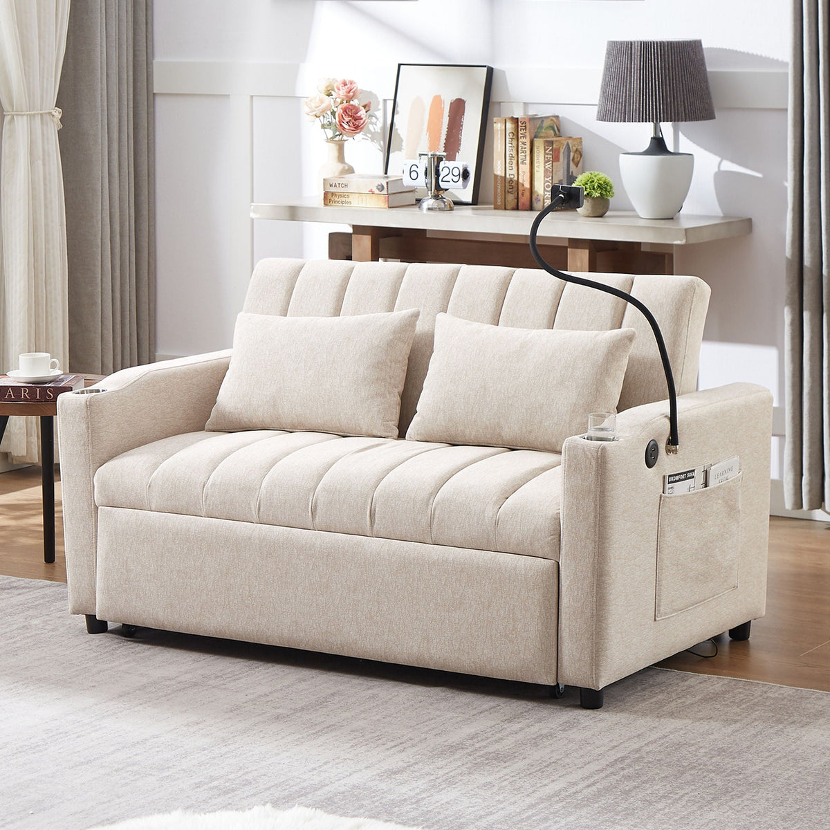 Convertible Sofa Bed Loveseat Sofa With Three USB Ports, Two Side Pockets, Two Cup Holders And 360° swivel - view 18