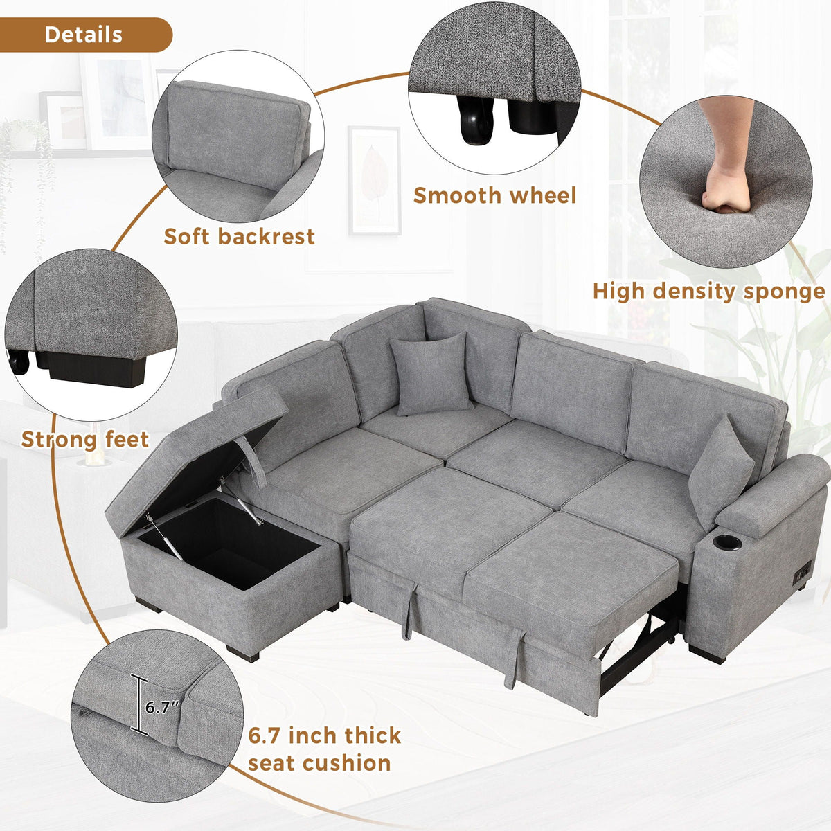 Sleeper Sofa Bed, 2 In 1 Pull Out Sofa Bed L Shape Couch With Storage Ottoman For Living Room, Bedroom Couch - view 24