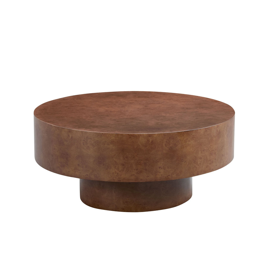 Faux Burl Wood Round Coffee Table with Sturdy Pedestal - Walnut
