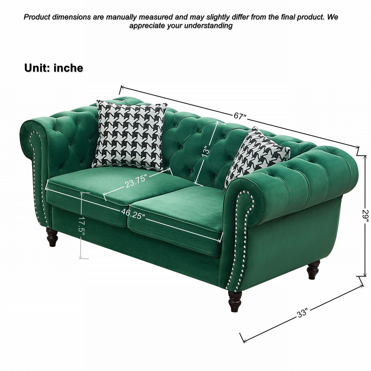 Chesterfield Fabric Sofa With Roll Armrest And Nailhead, Mid Century 2 Seater Couch - view 6