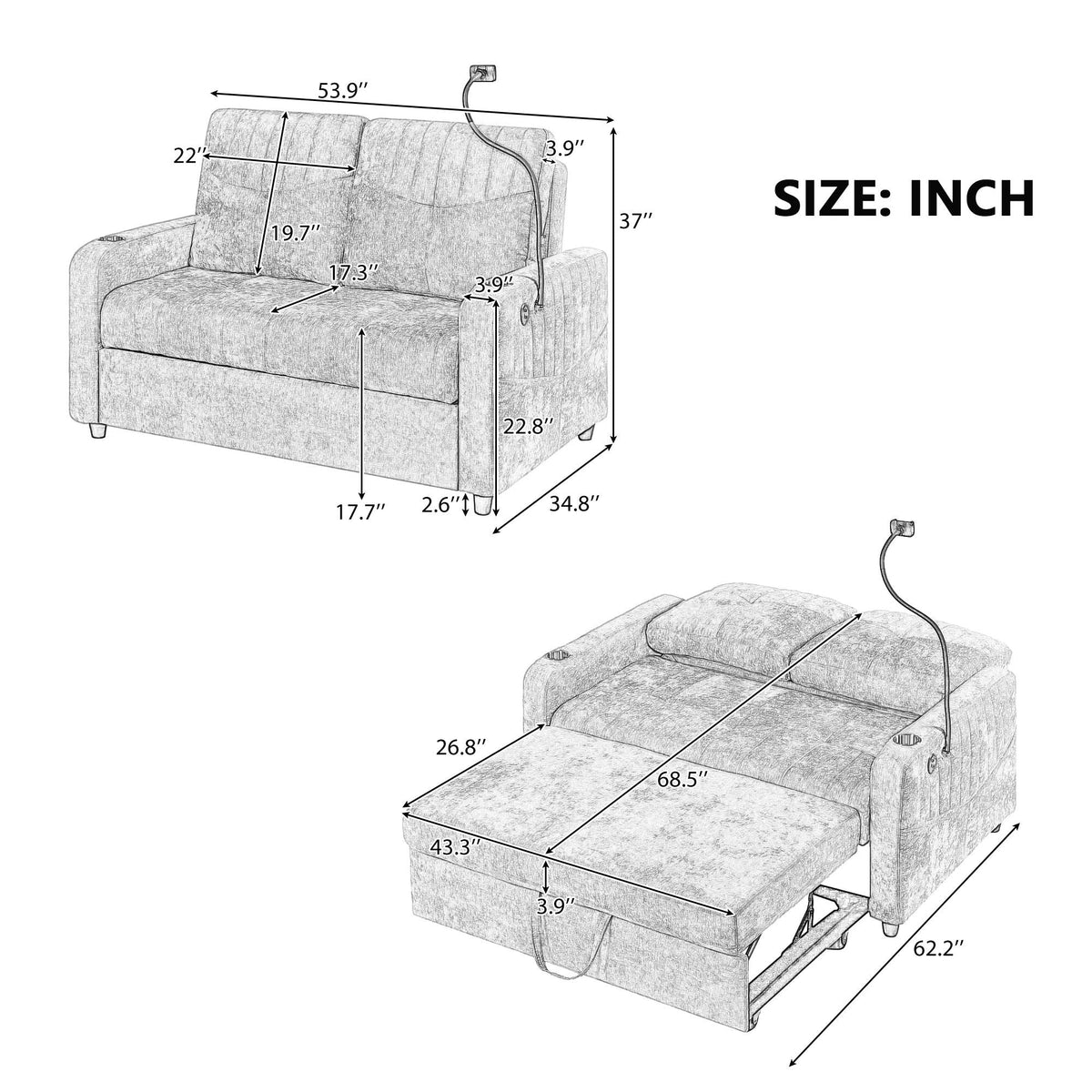 Modern Loveseat Pull Out Sofa Bed With Adjustable Backrest, Two Cup Holders, A Phone Holder, Three Charging - view 13