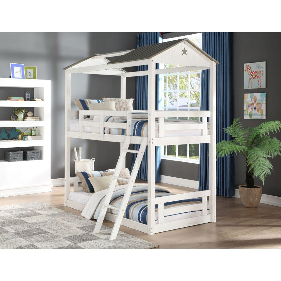Nadine Cottage - Twin Over Twin Bunk Bed - Weathered White & Washed Gray