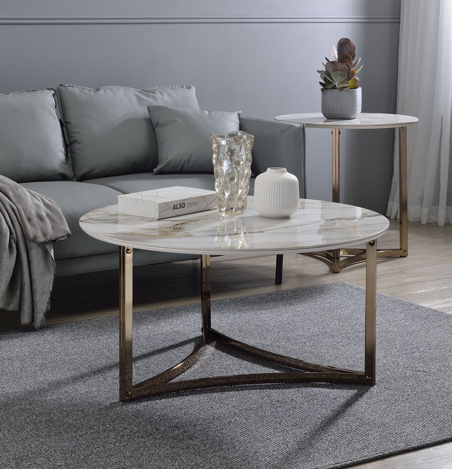 Aziz Sintered Stone Top & Champagne Finish Round Coffee Table