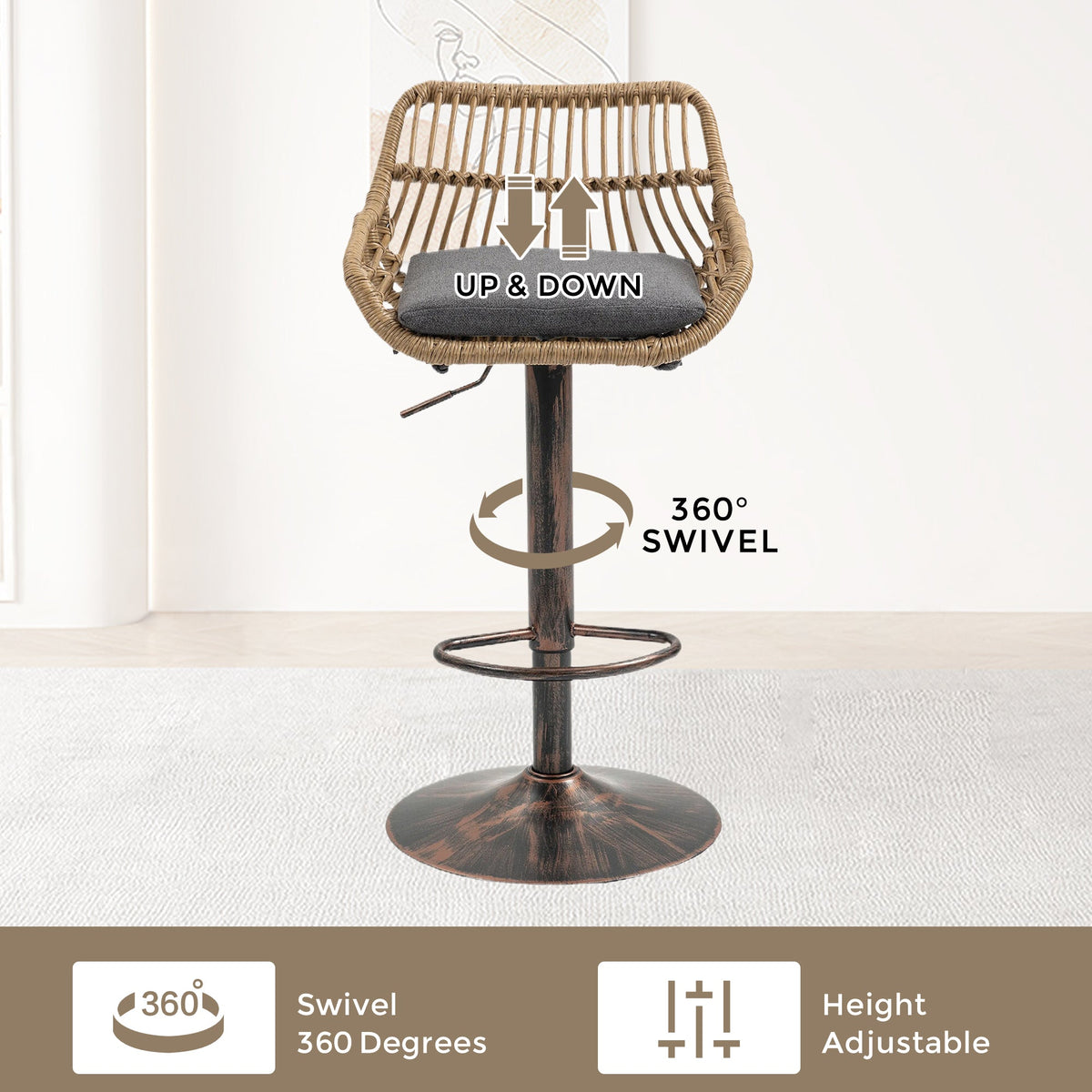 Modern Swivel Bar Stools Set of 2 Adjustable Counter Height Chairs