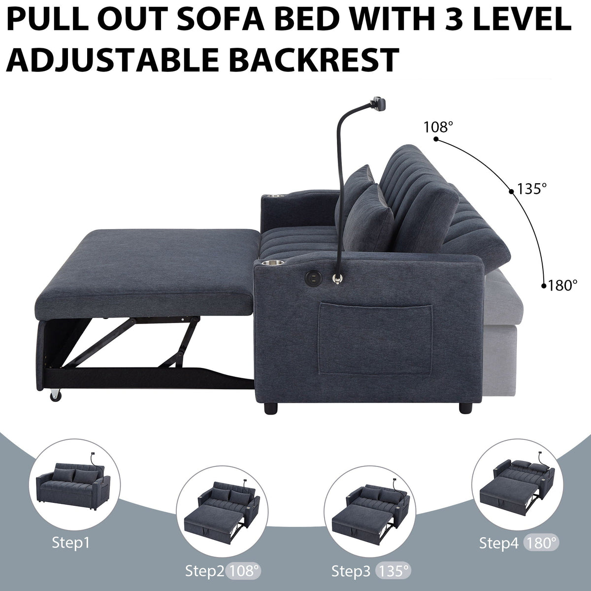 Convertible Sofa Bed Loveseat Sofa With Three USB Ports, Two Side Pockets, Two Cup Holders And 360° swivel - view 19