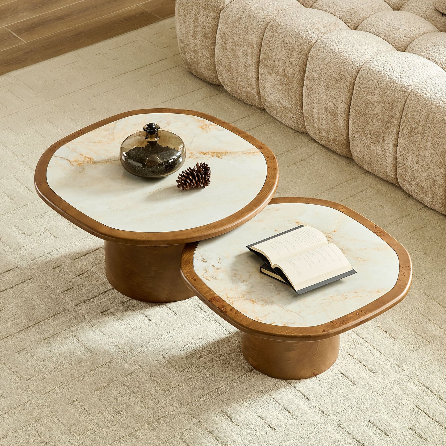 Irregular Coffee Table Set - 2pcs Burl Wood Veneer