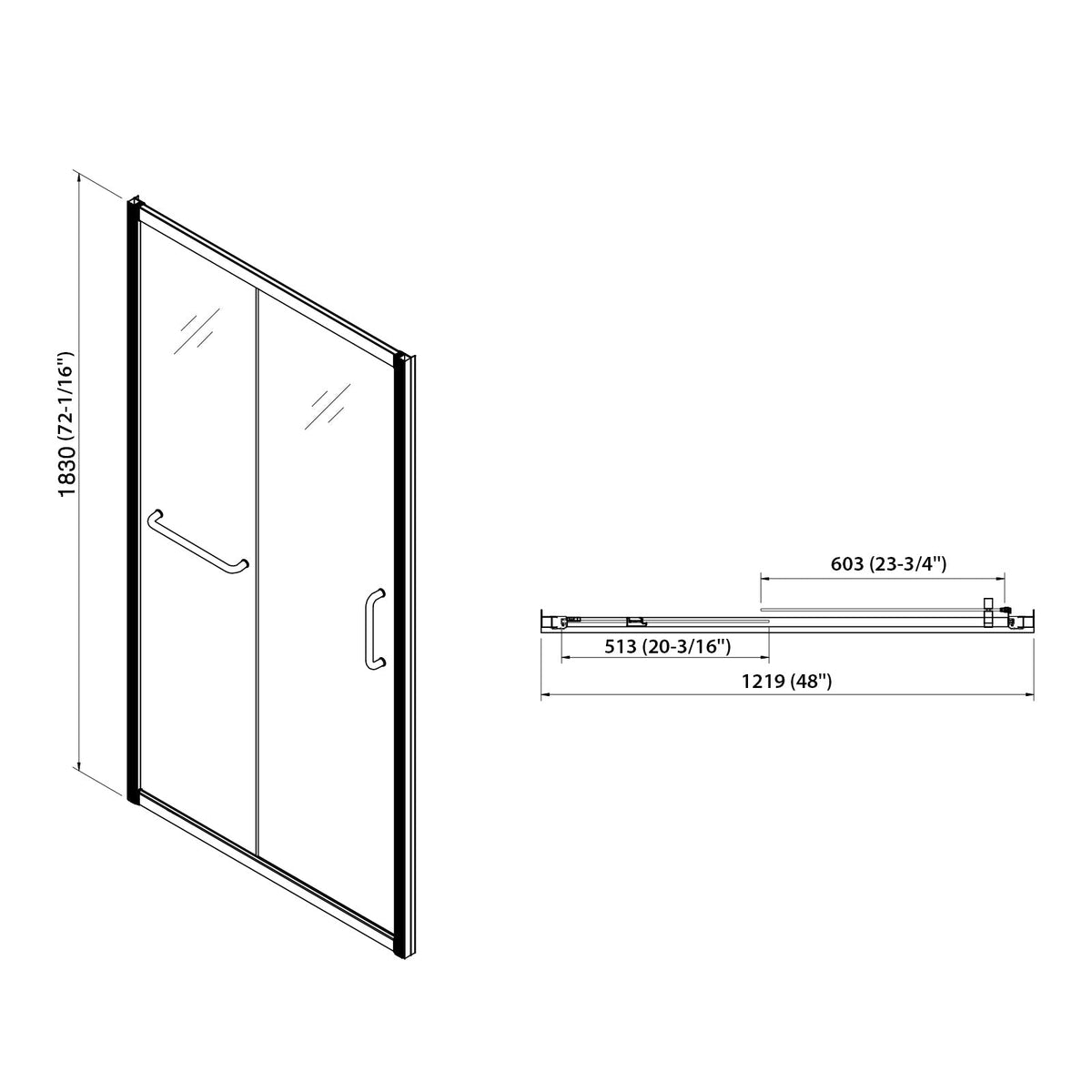 48" W x 72"H Single Sliding Bypass Shower Enclosure