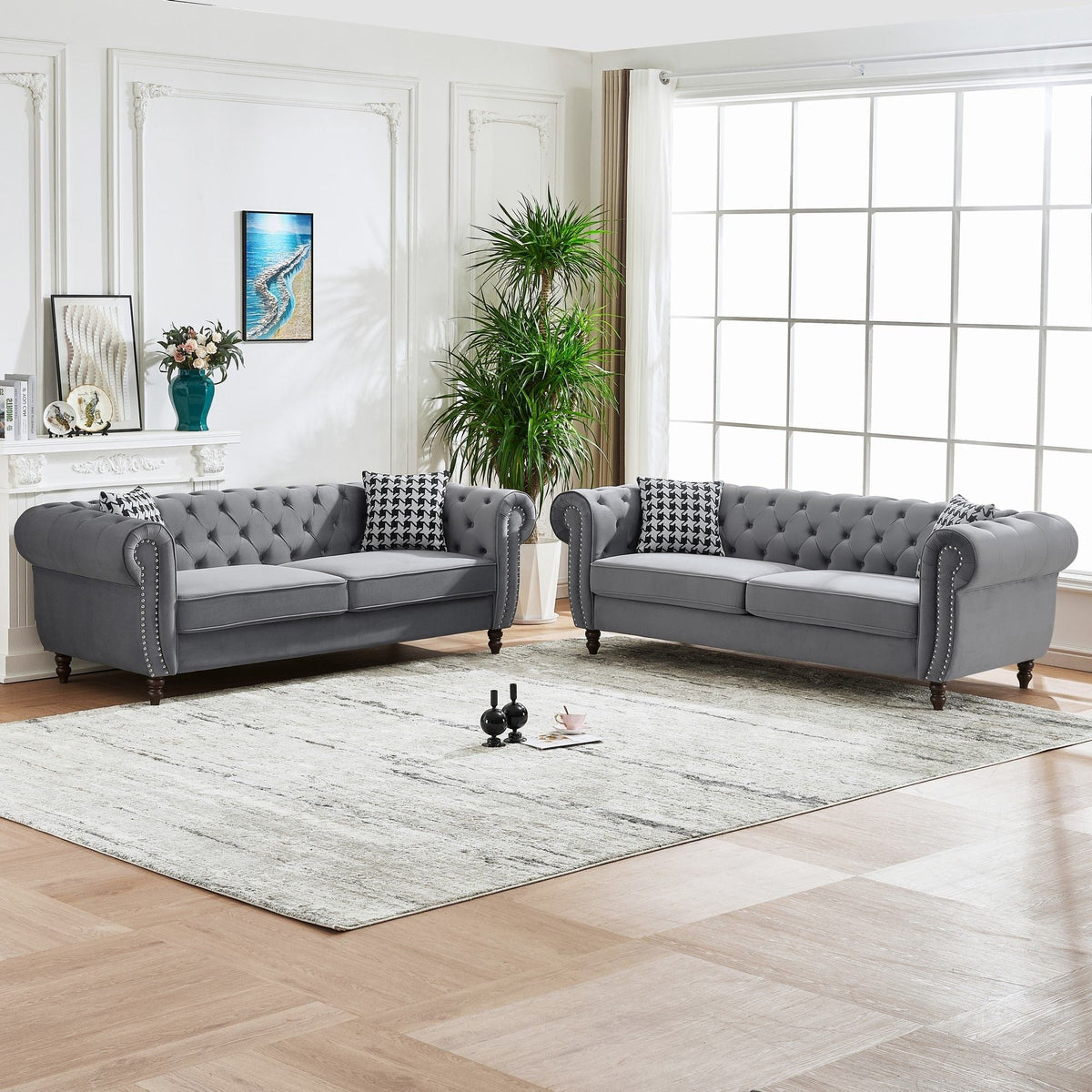 Chesterfield Upholstery Fabric Sofa With Roll Armrest & Nailhead, Mid Century Modern 3 And 3 Seater Couch - view 14