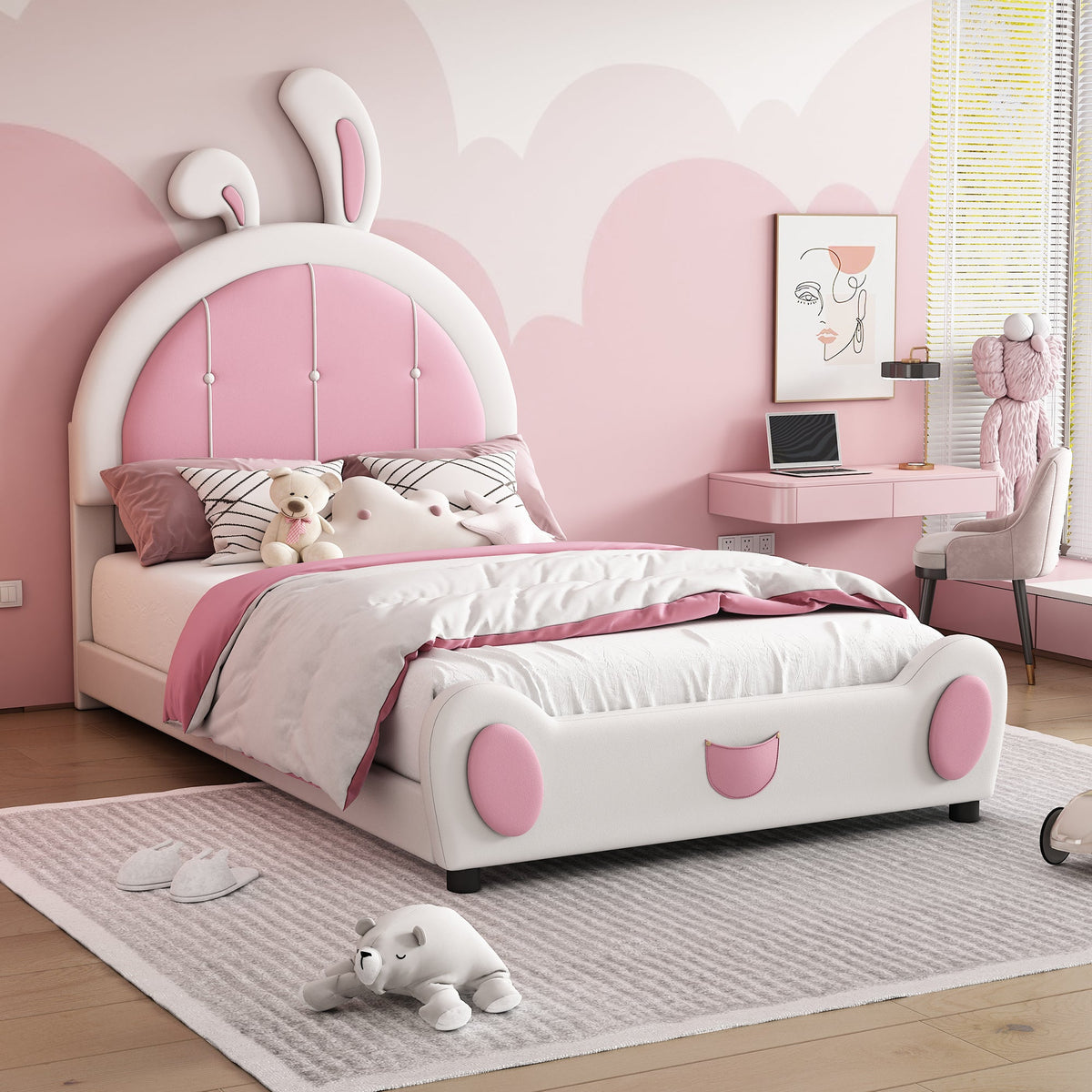 Twin Size Upholstered Platform Bed With Rabbit Shaped Headboard