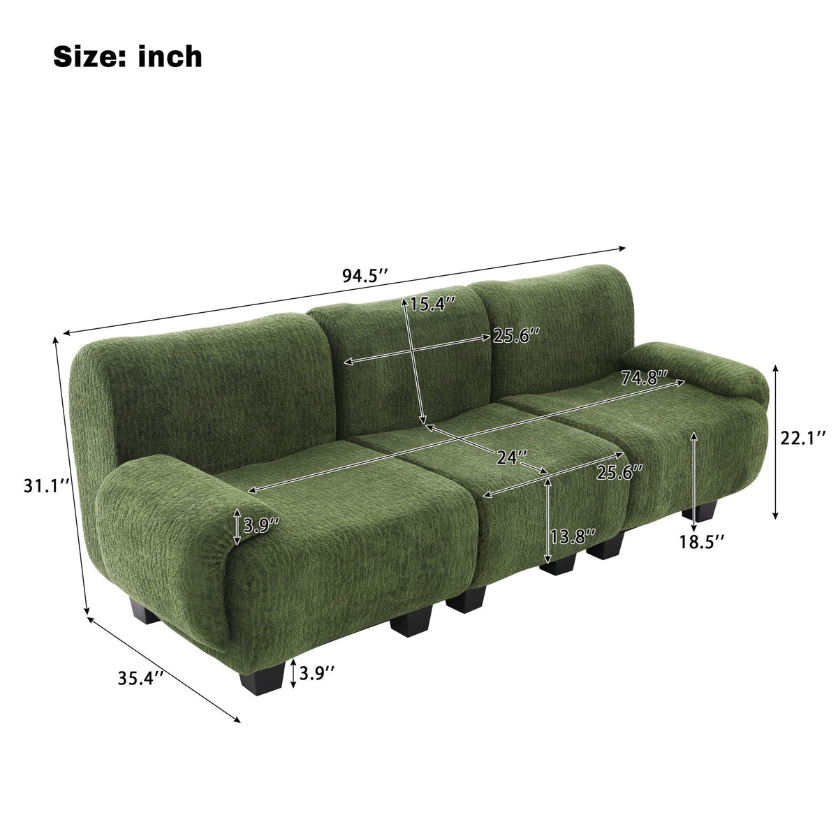 3 Seater Sofa Couch With Curved Armrests - view 7