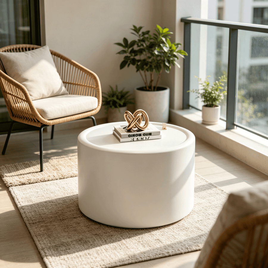 White Round Coffee Table with Tempered Glass Top and Hidden Storage - White