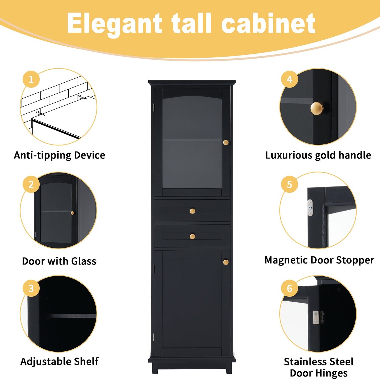 63" Tall Bathroom Storage Cabinet with Glass Doors