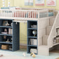Full Size Loft Bed with 2 Four-layer Storage Cabinets and Curtain