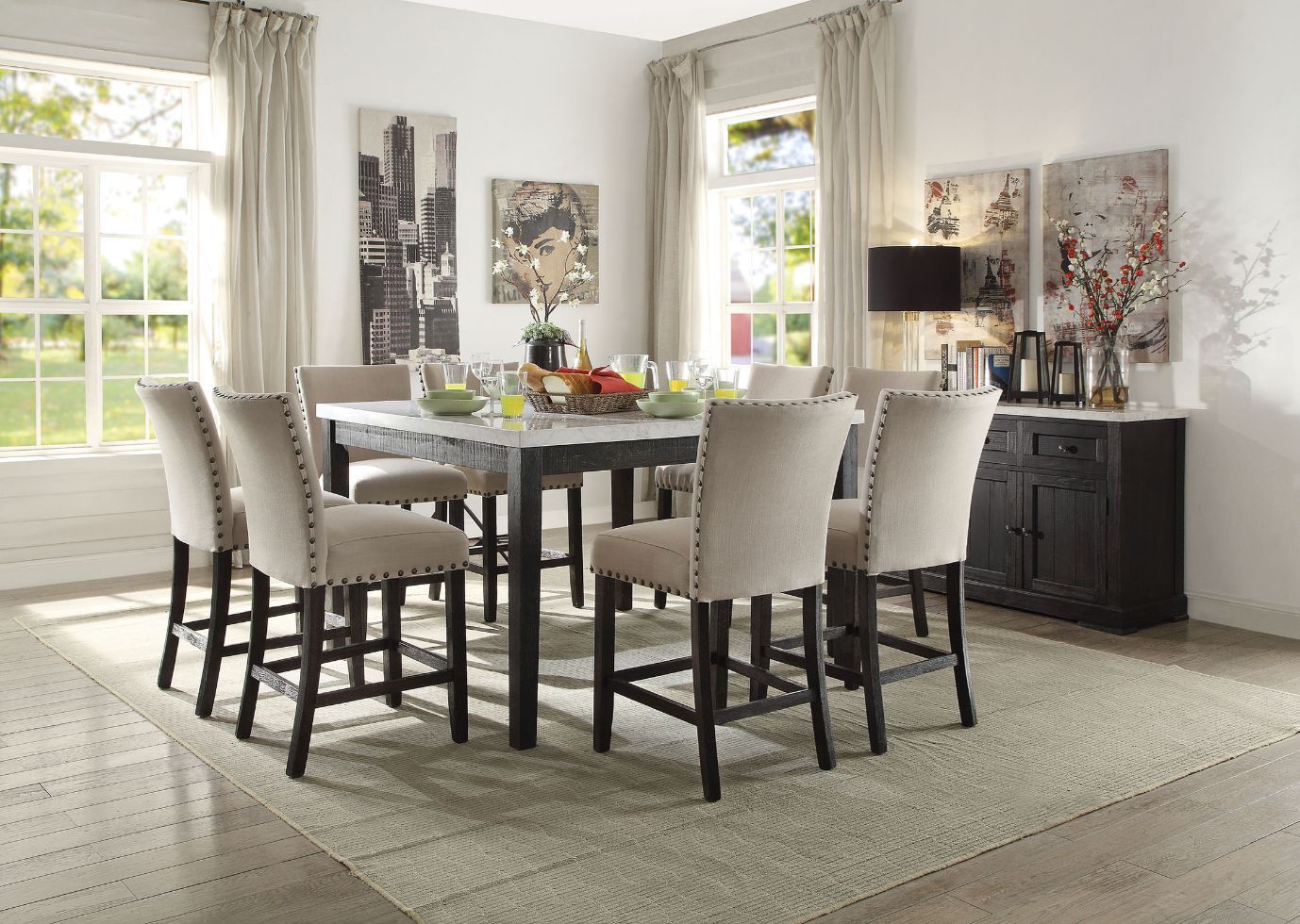 Nolan - Counter Height Table - White Marble Top & Salvage Dark Oak