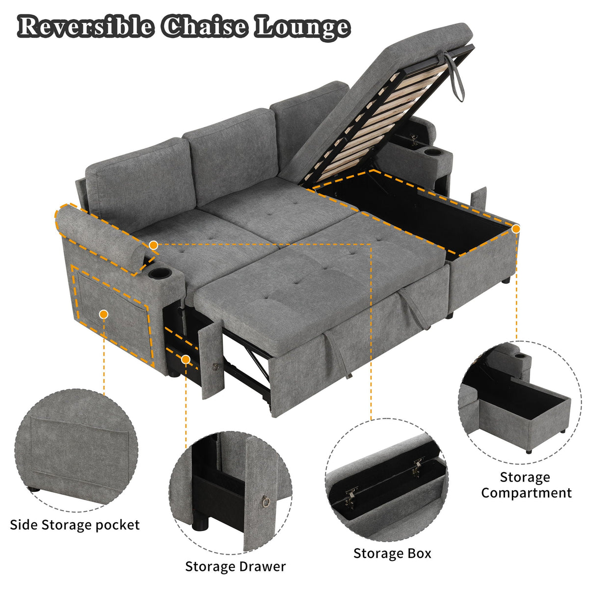 Convertible L Shaped Sofa Couch With Storage, Cup Holders, USB Ports - view 17