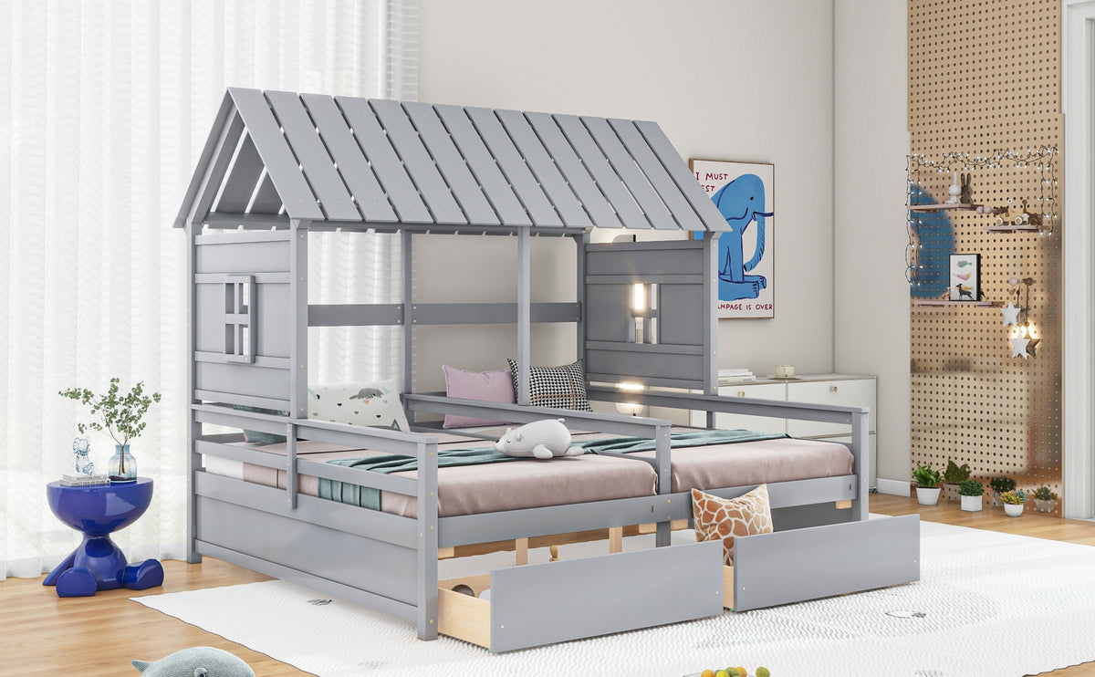 Twin Size House Platform Beds with Storage Drawers