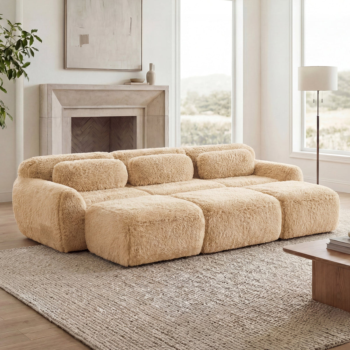 Plush Sofa and movable ottoman in a merchant living-room scene