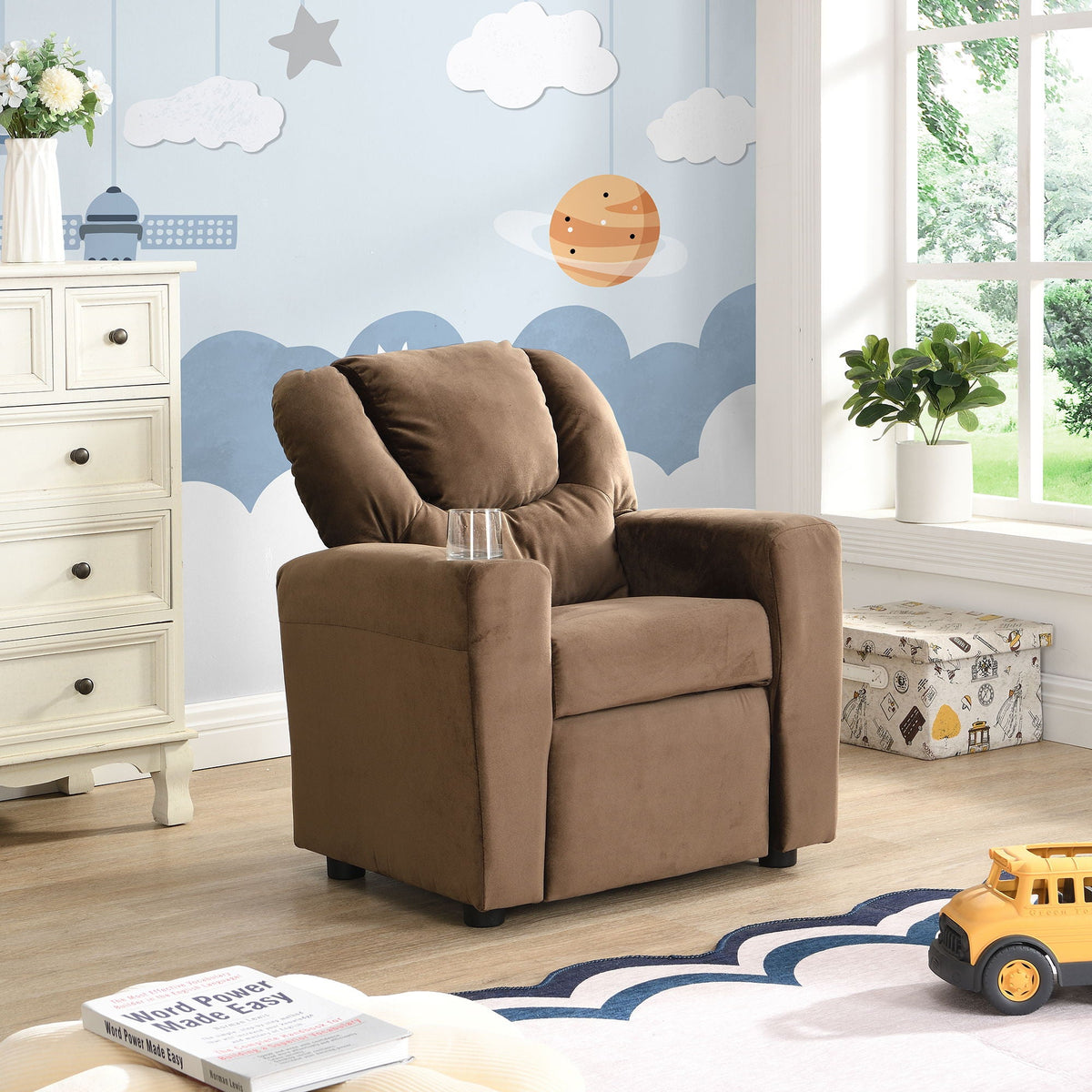 Kids Recliner Chair, Kids Upholstered Couch With Two Cup Holder, Footrest, Backrest, Toddlers Recliner With - view 6