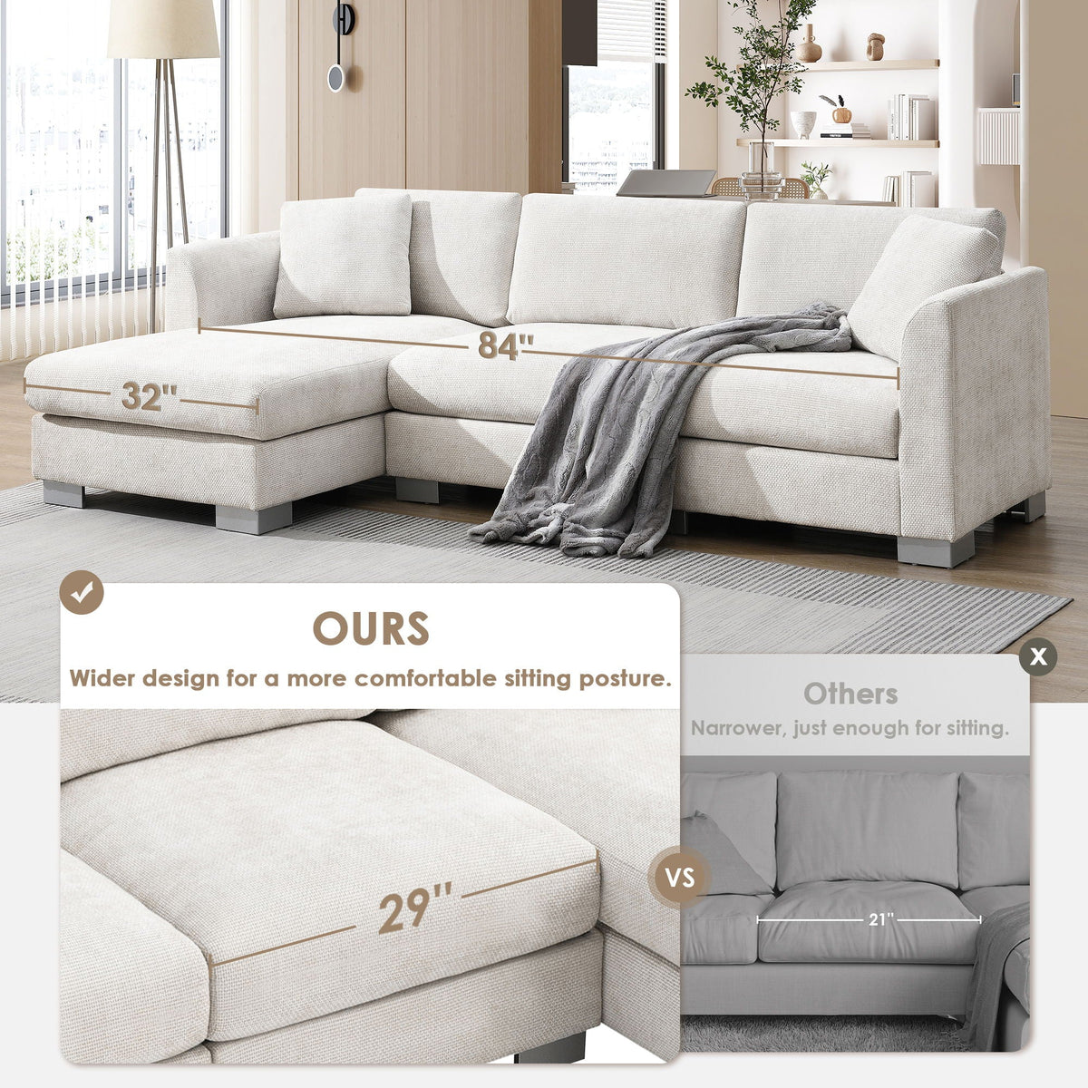 Modern Cloud Sectional Sofa L Shaped Luxury Couch Set With 2 Free Pillows 4 Seat With Oversized Chaise - view 7