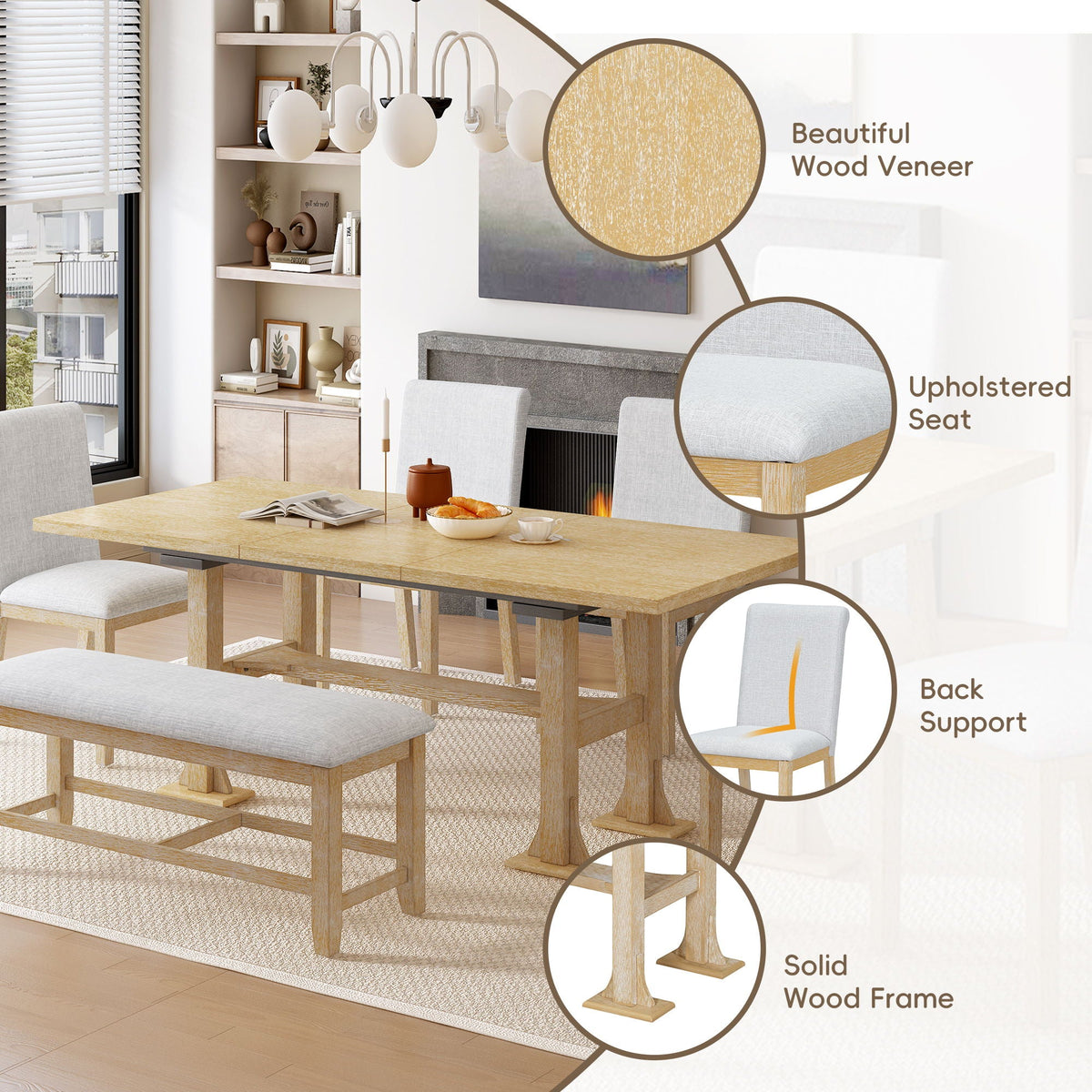 Topmax - 6 Piece Farmhouse Extendable Dining Table Set Trestle Kitchen Table Set With Removable Leaf And - view 12