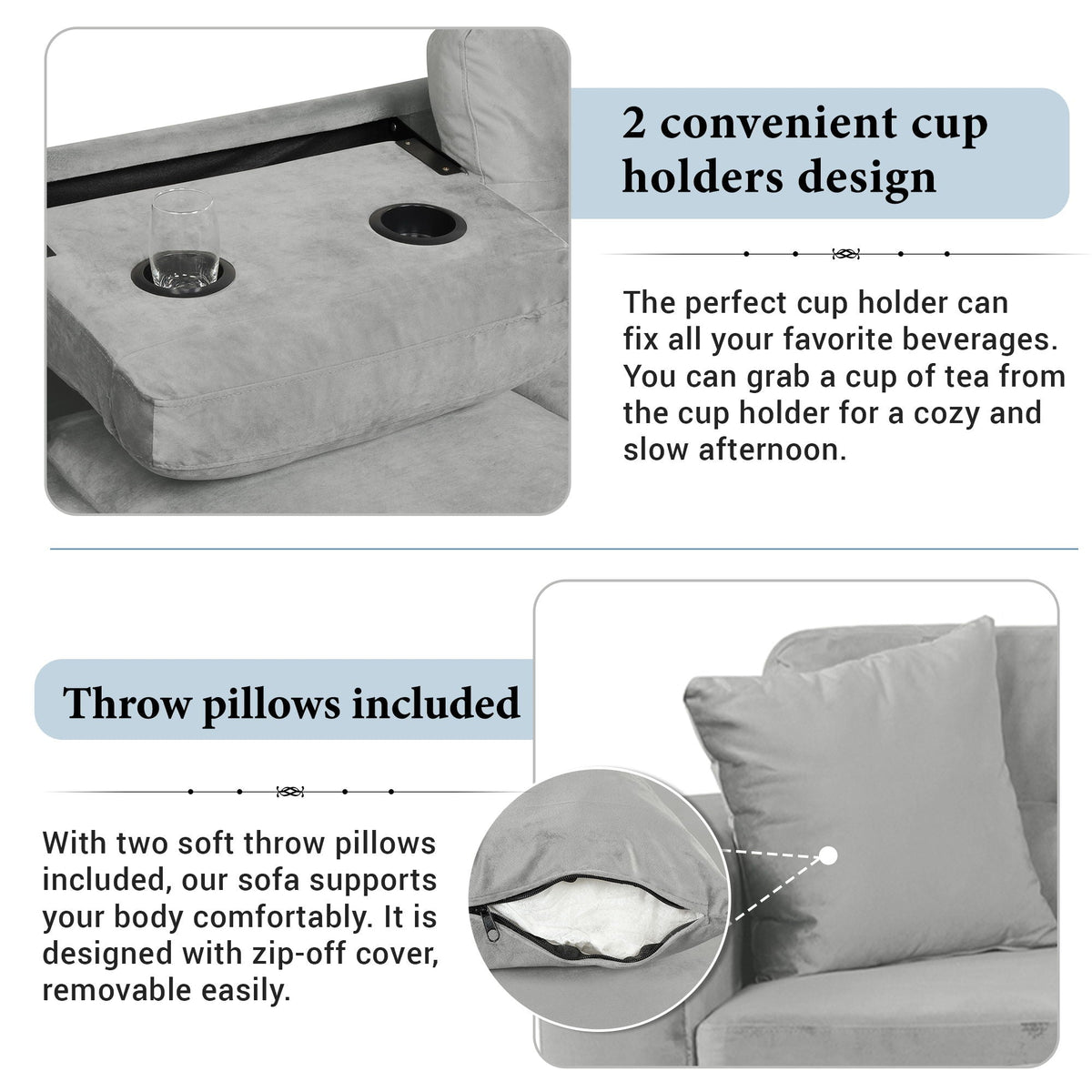 Modern Sectional Sofa With Storage Ottoman, L - Shape Couch With 2 Pillows And Cup Holders - view 13