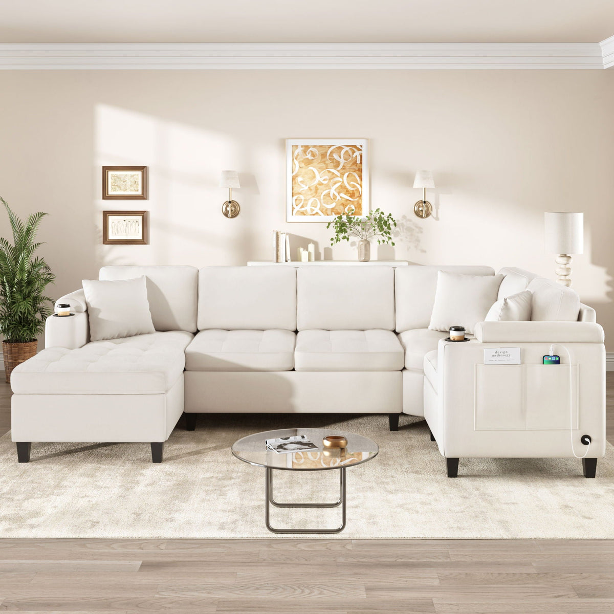 U Shaped Sectional Sofa, Corner Living Room Couch With Built In Cup Holders, Storage, USB Ports - view 23