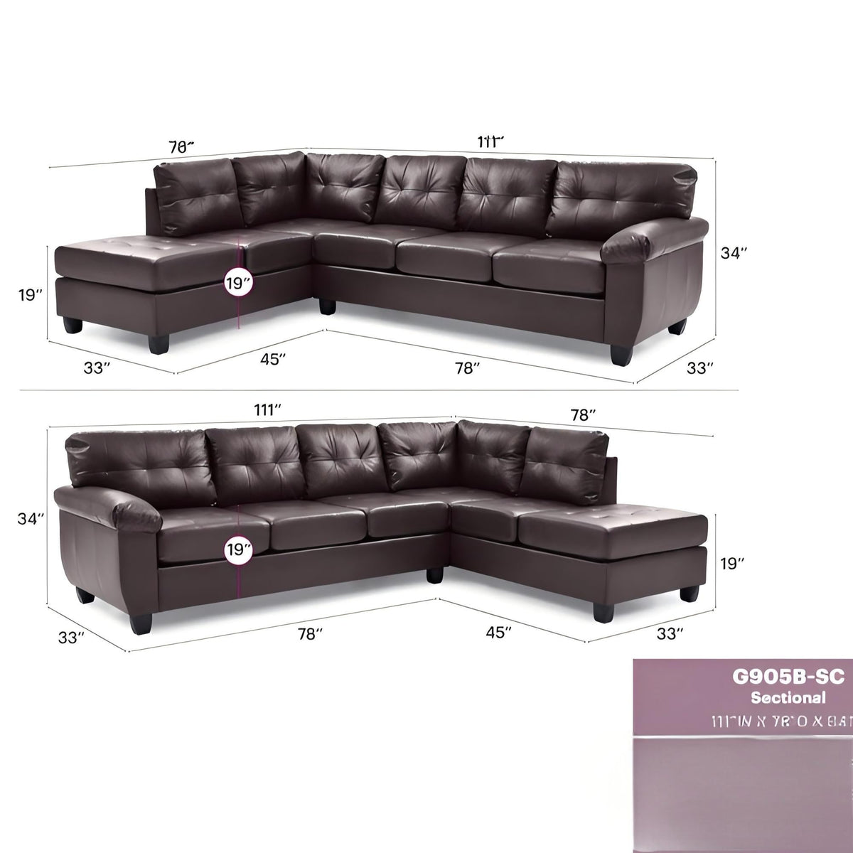 Gallant G905B-SC Sectional Without Ottoman - Cappuccino