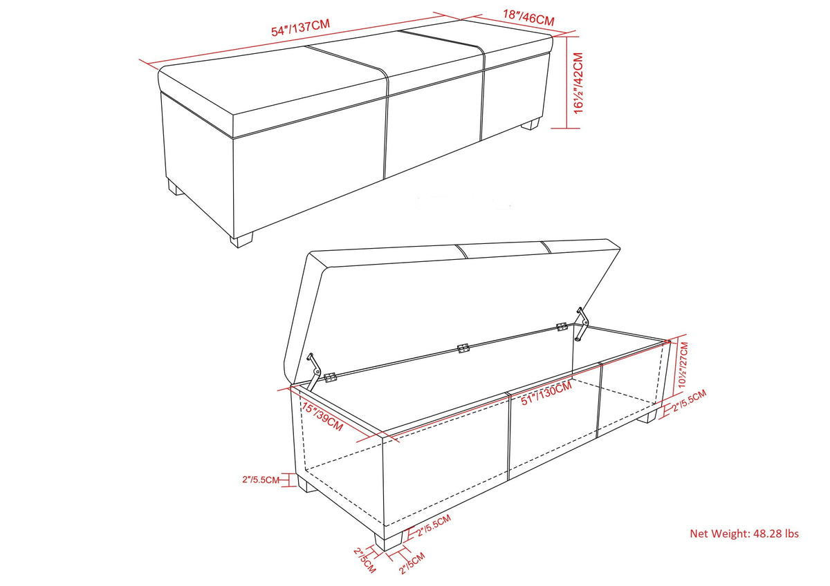 Avalon 54 Inch Wide Extra Large Storage Ottoman Bench in Stone