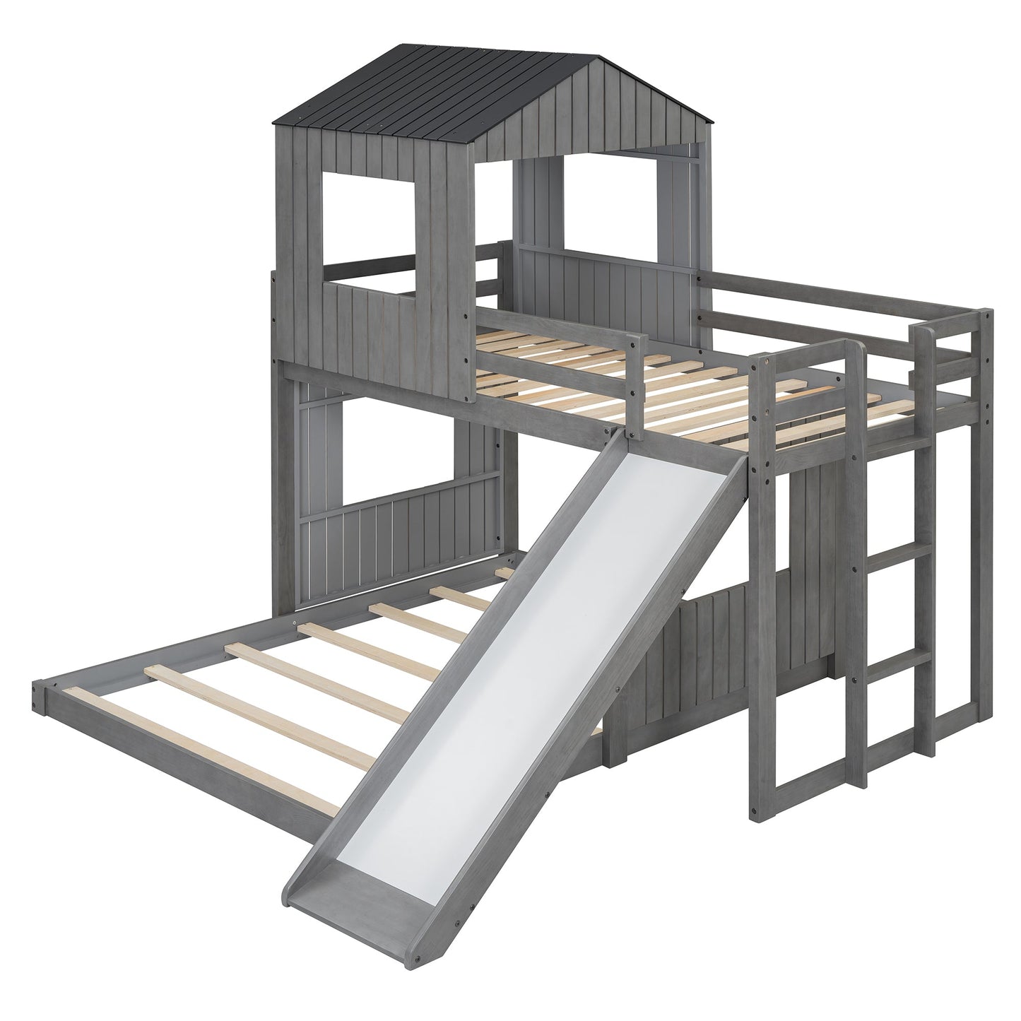 Wooden Twin Over Full Bunk Bed with Playhouse