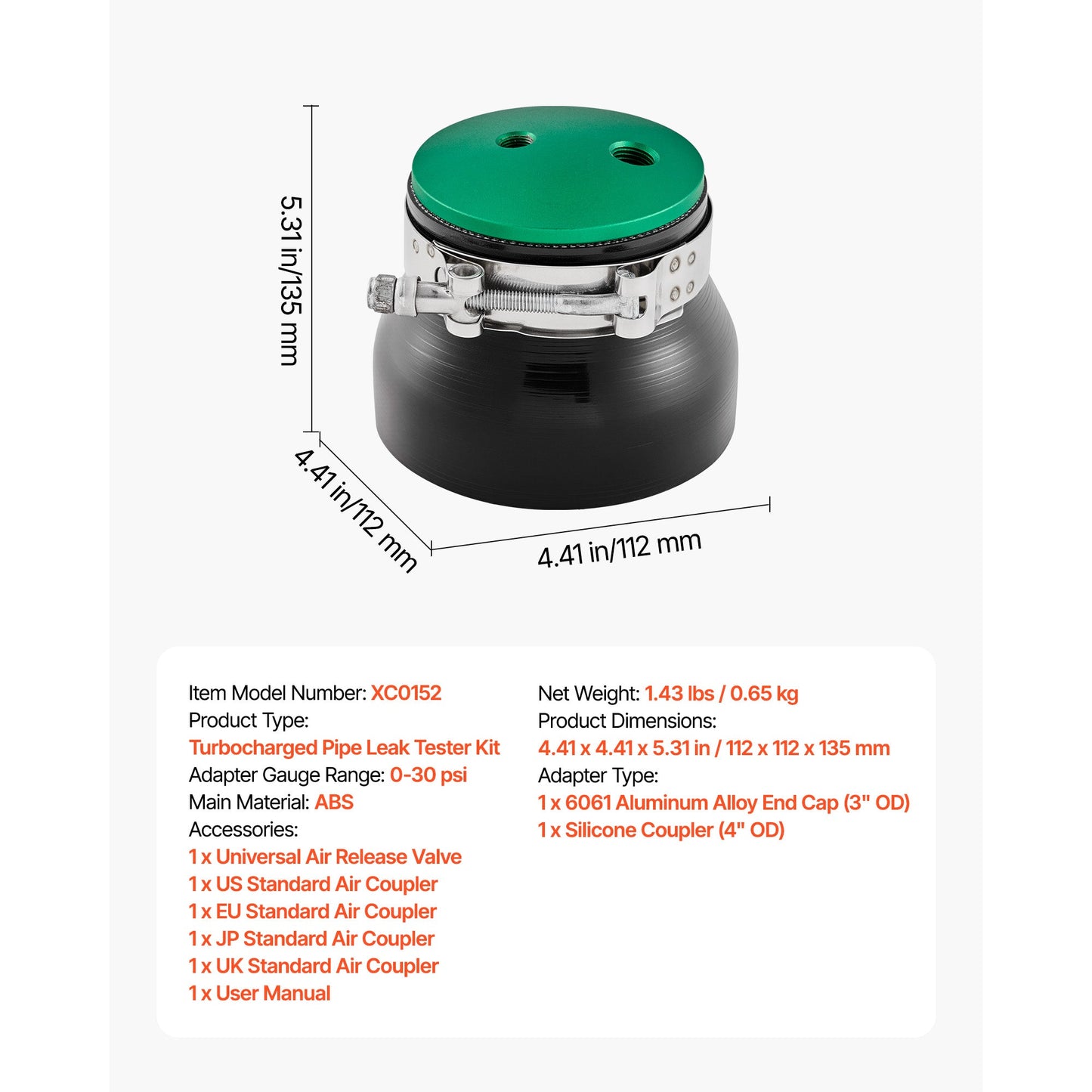 Turbo Boost Leak Tester with 4" & 3" Aluminum End Cap