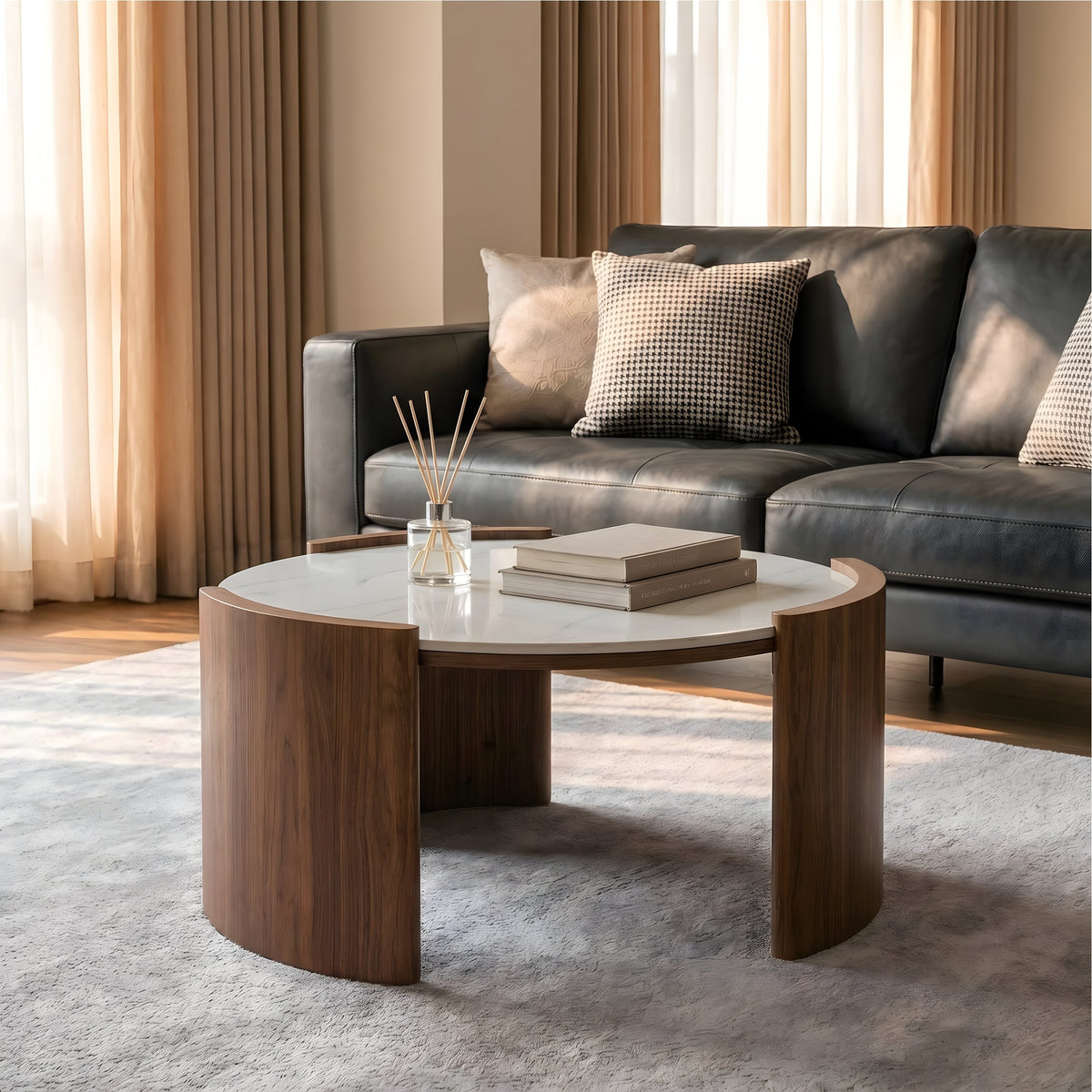 Modern Round Sintered Stone Coffee Table with Glossy Finish - Walnut