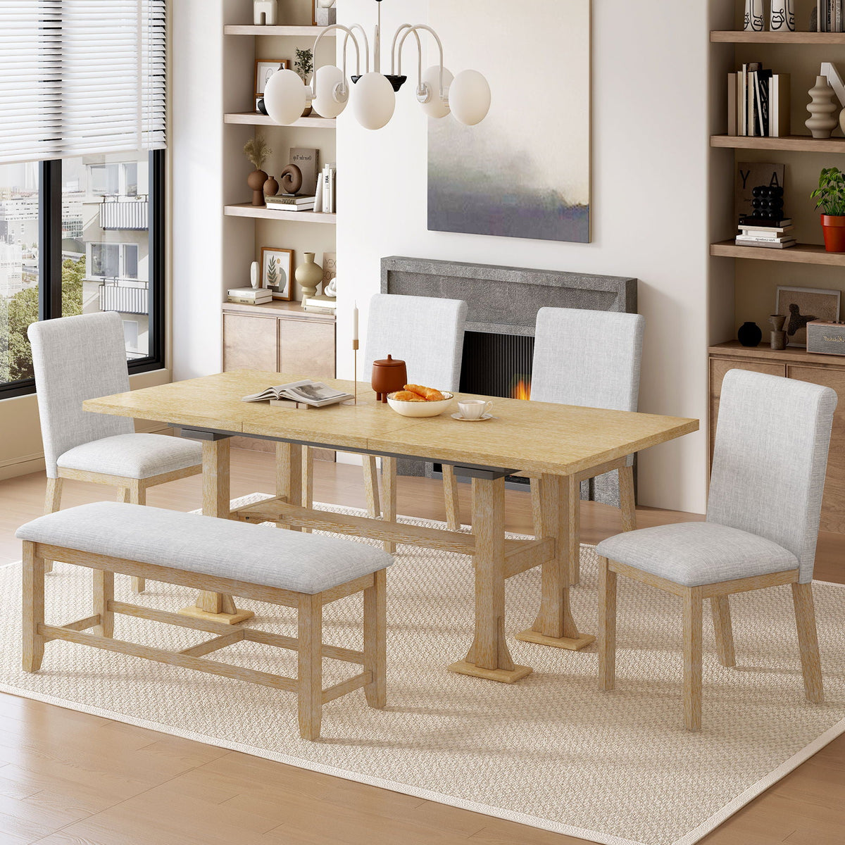 Topmax - 6 Piece Farmhouse Extendable Dining Table Set Trestle Kitchen Table Set With Removable Leaf And - view 13