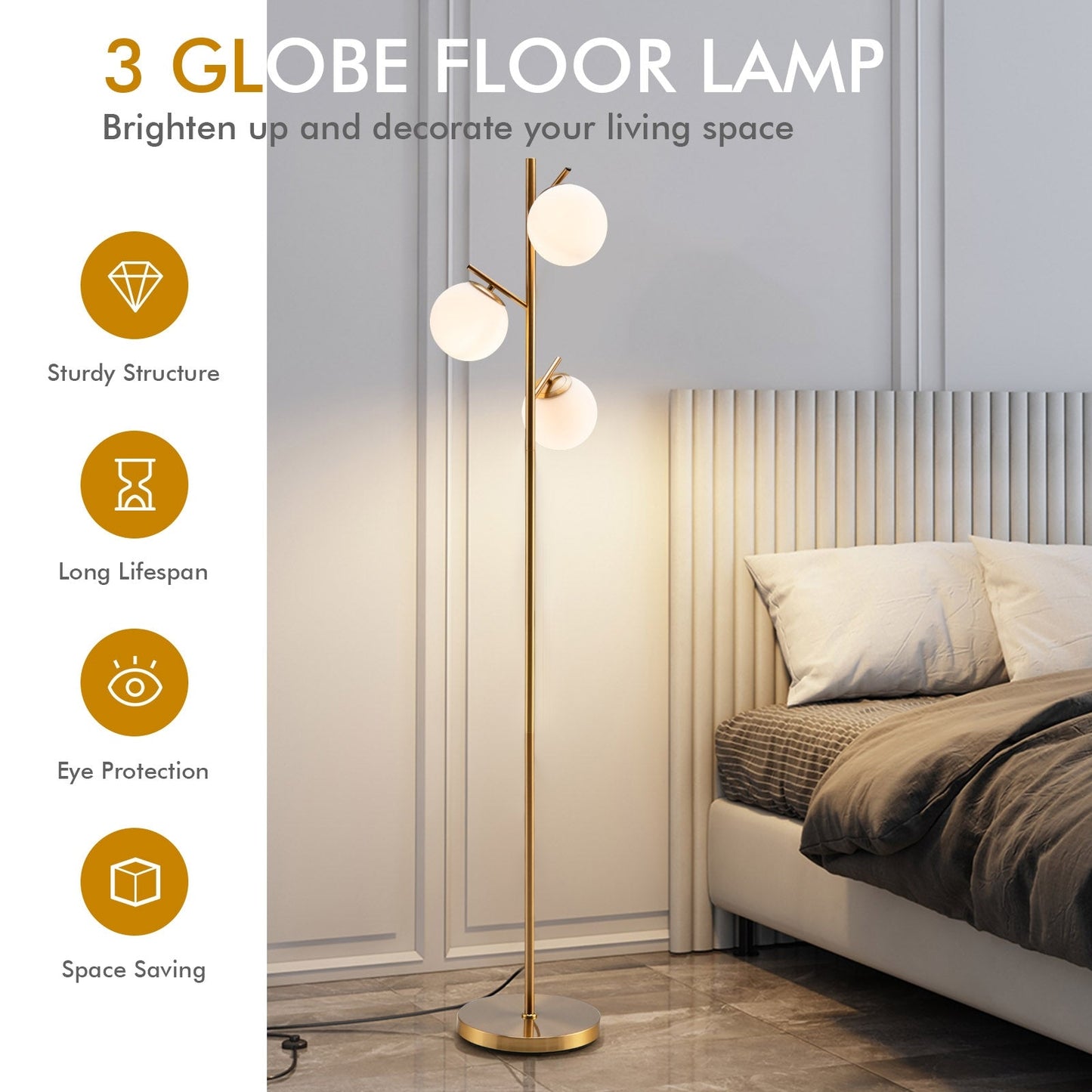 Golden 3-Globe Floor Lamp Foot Switch