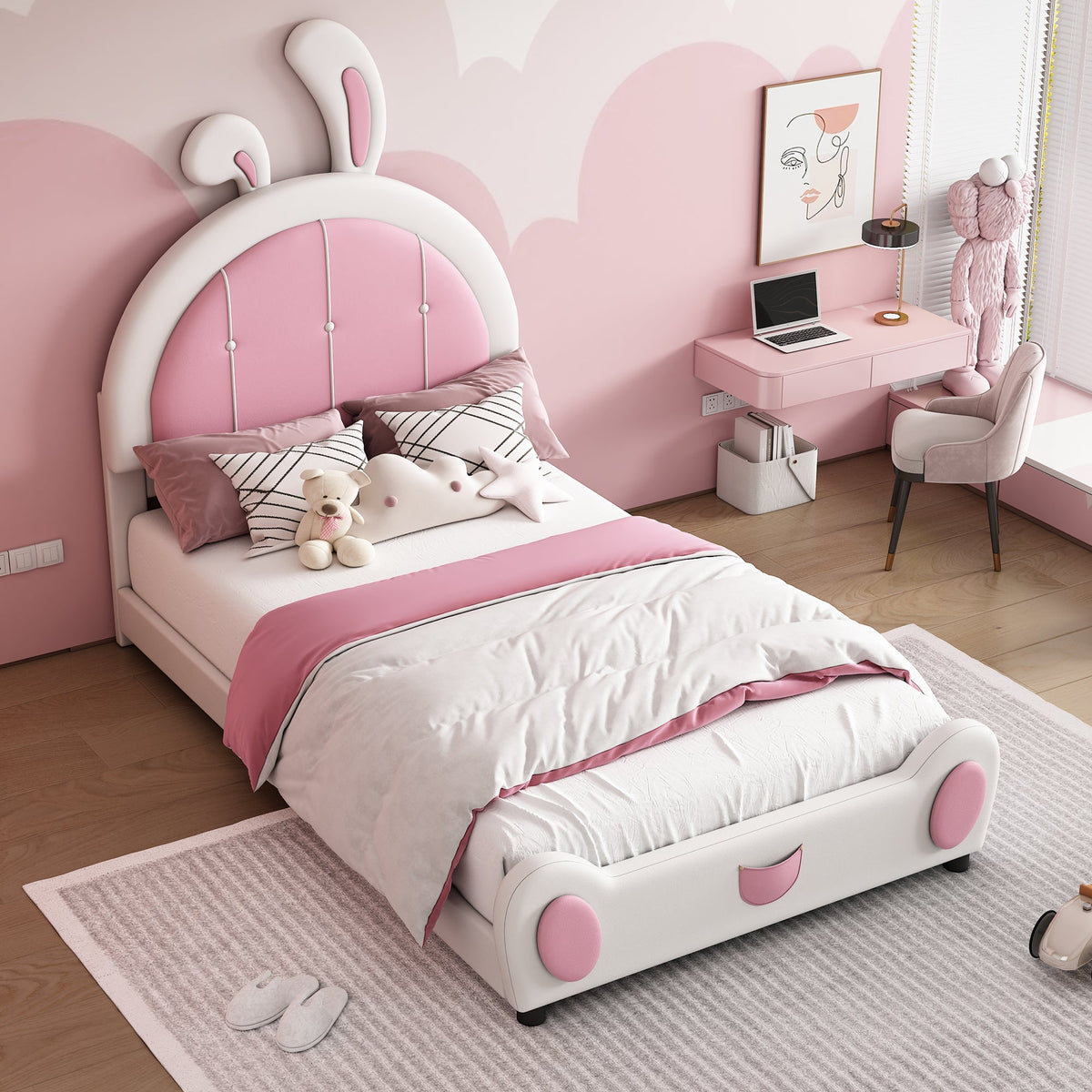 Twin Size Upholstered Platform Bed With Rabbit Shaped Headboard