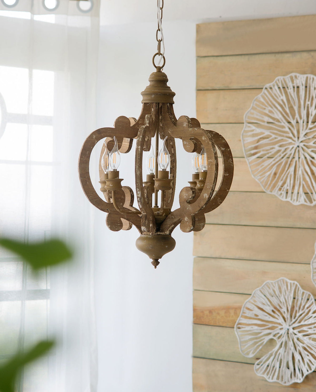 Farmhouse Chandelier, 6 Light Wood Chandelier Pendant Light Fixture With Adjustable Chain For Dining Room - view 5