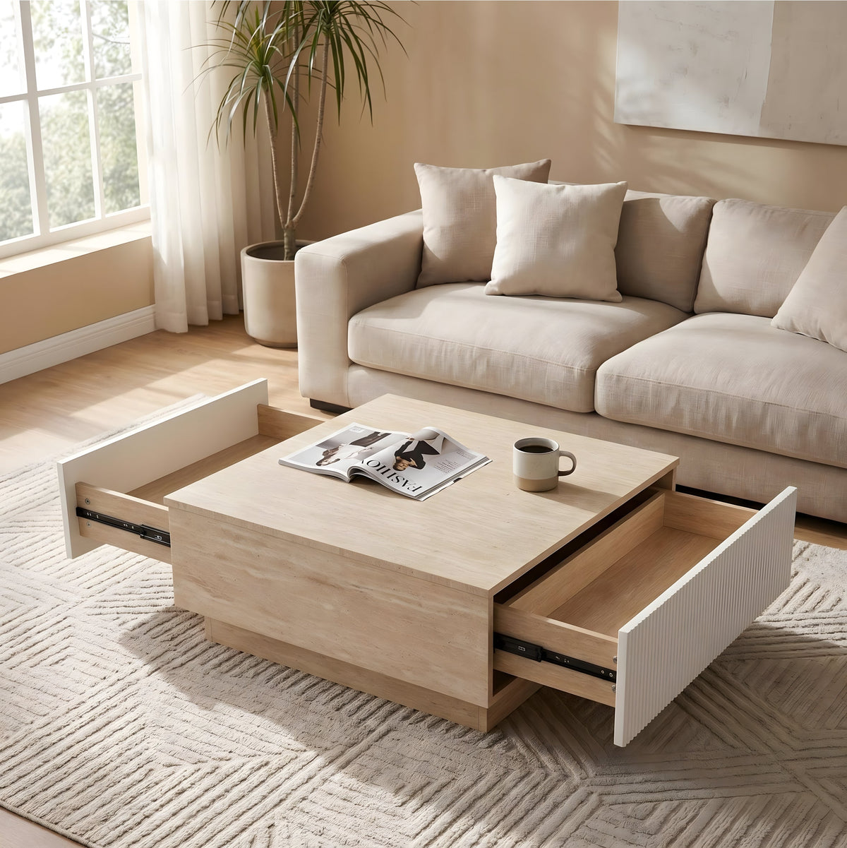 Modern Faux Travertine Coffee Table with 2 Drawers - Stone Finish