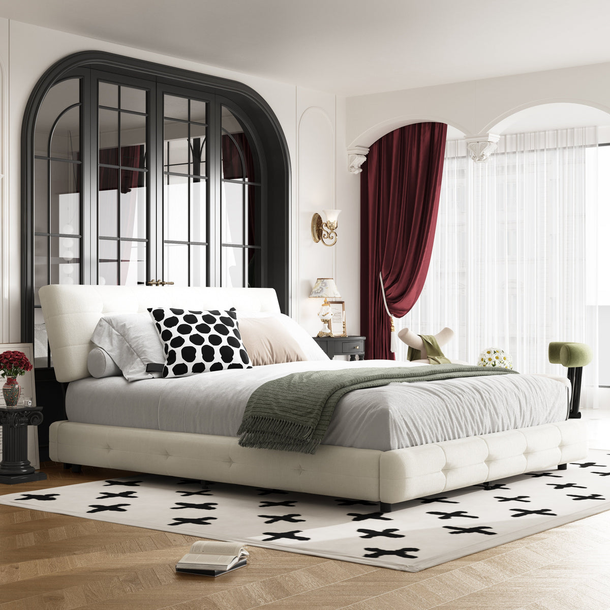Queen Size Tufted Bed Frame with Extra-Large Ultra-Soft Cloud Pillow Design