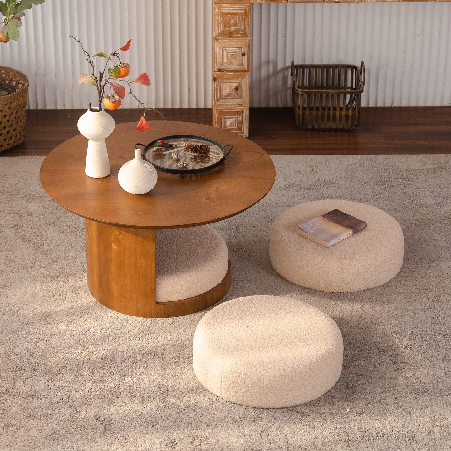 31.5" Round Wood Coffee Table with 3 Teddy Fabric Nesting Stools