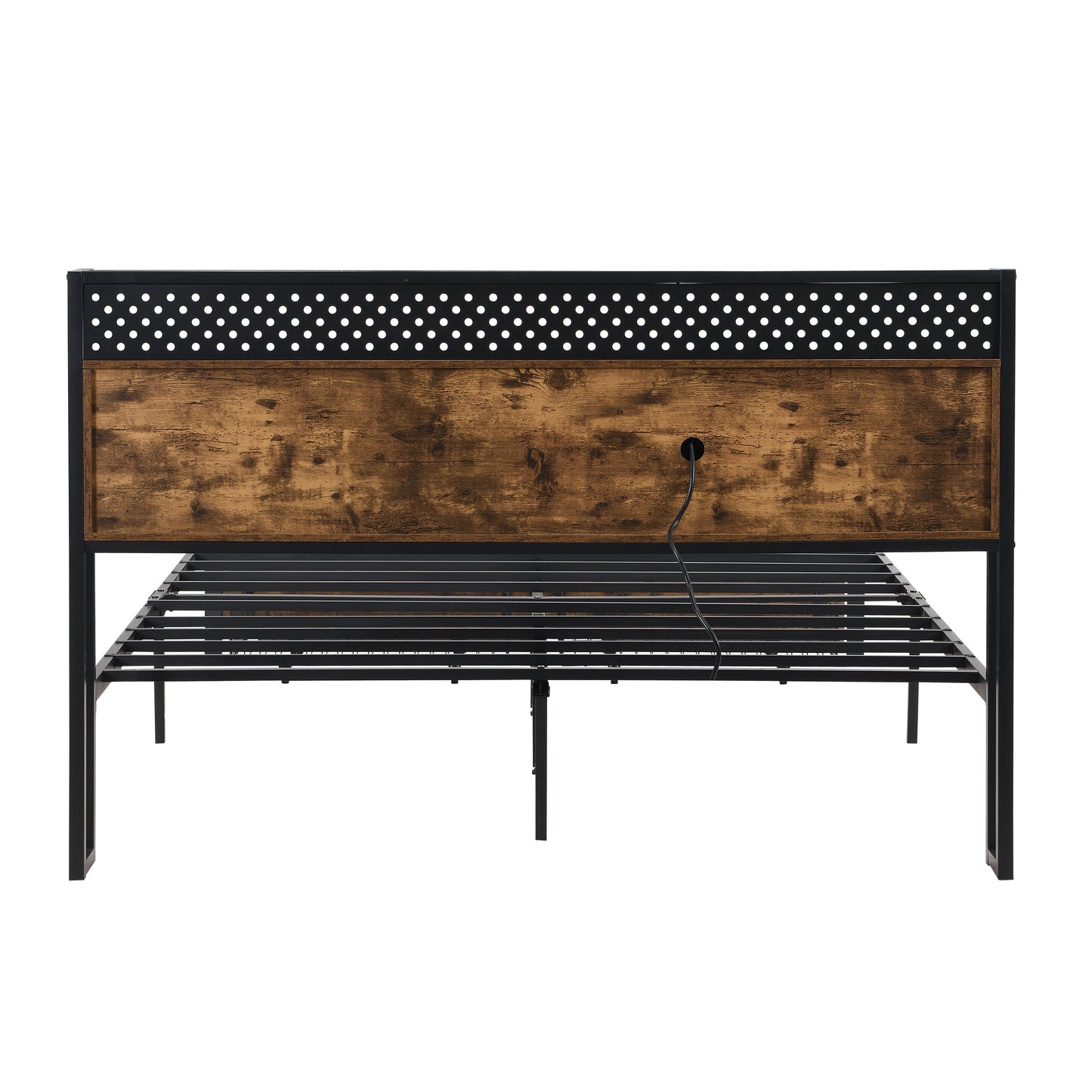 Full Size Metal Platform Bed Frame with Wooden Headboard and USB Charging
