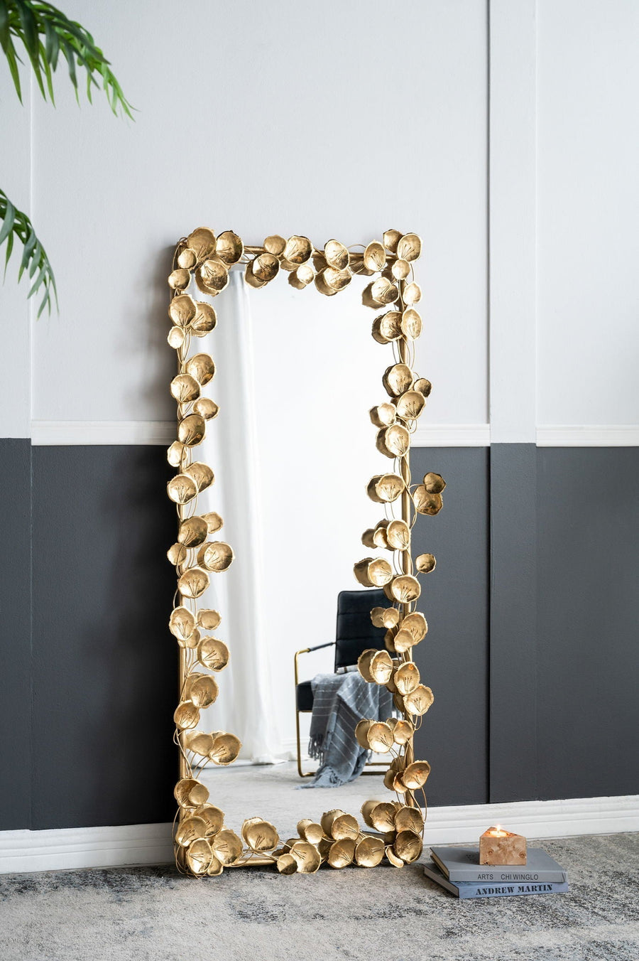 Full Length Floor Mirror with Gold Leaf Accents - Gold