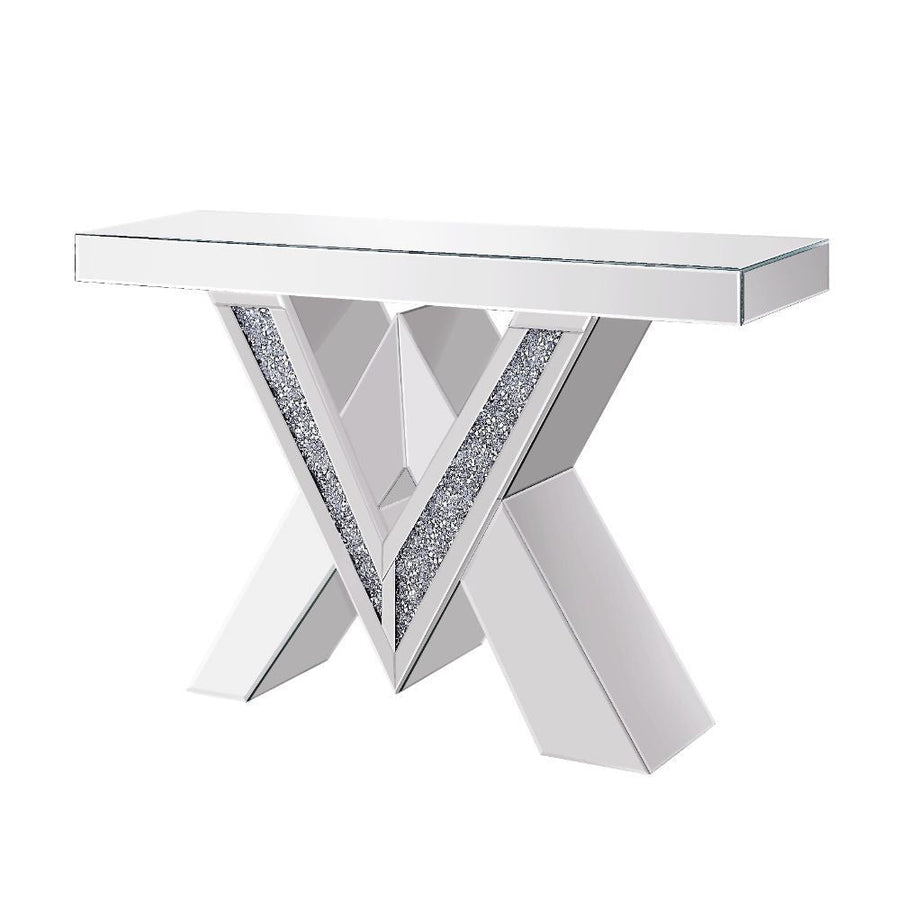 Noralie - Console Table, "V" Shape Pedestal - Mirrored & Faux Diamonds