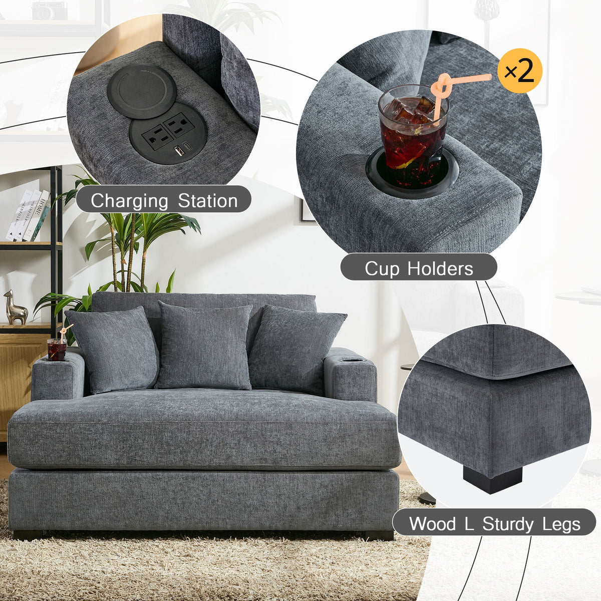 Oversized Chaise Lounger Modern Style Sofa Couch, With Pillows, Charge Station & Cup Holders - view 7