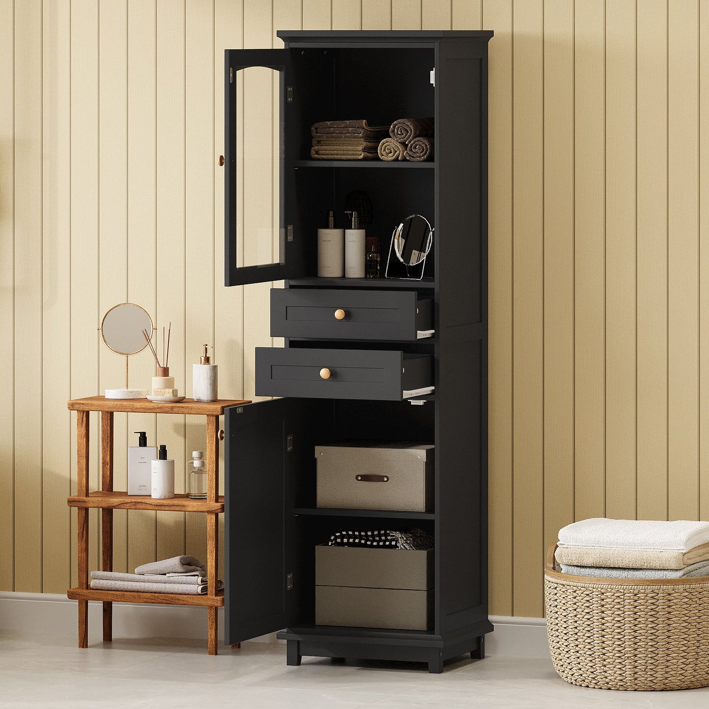 63" Tall Bathroom Storage Cabinet with Glass Doors