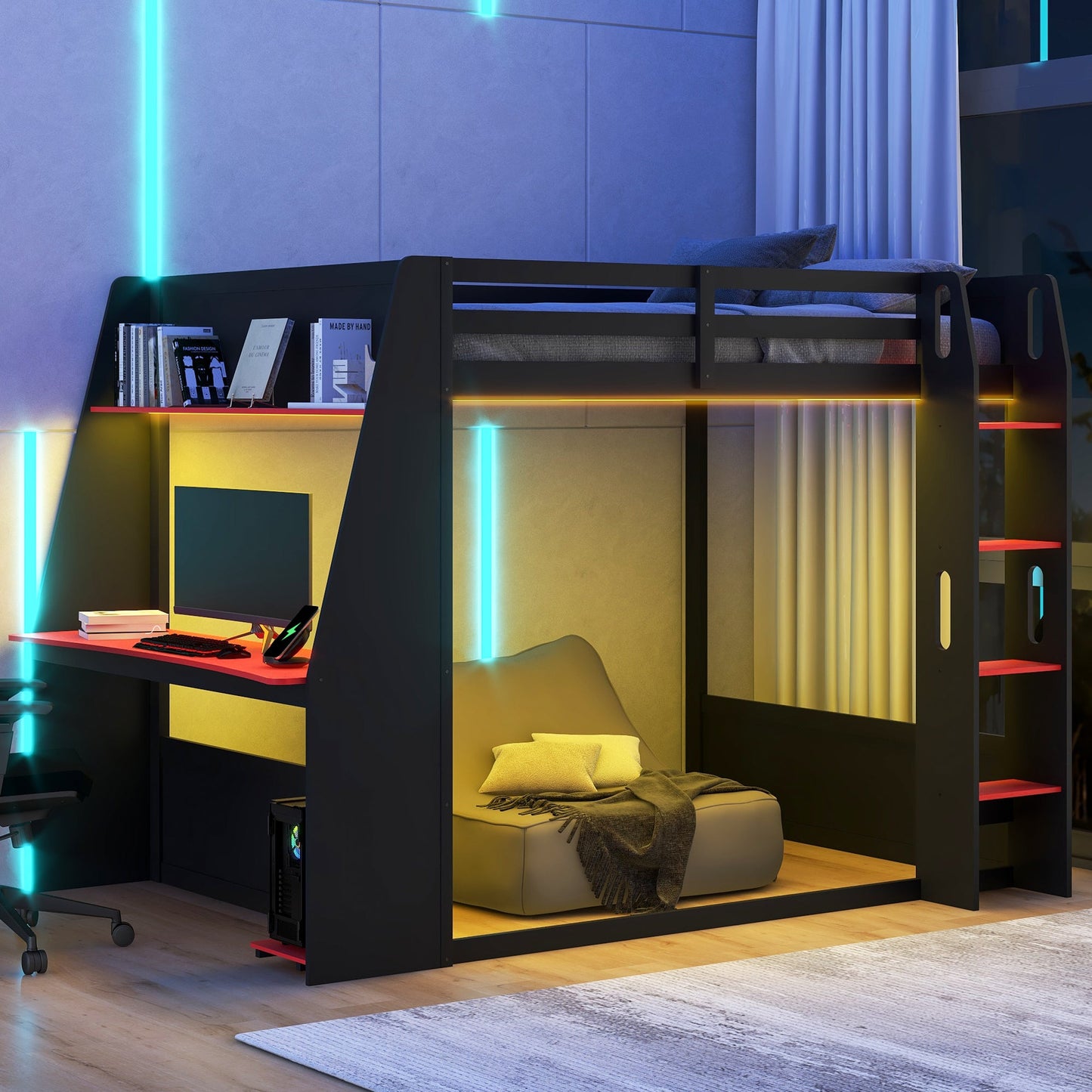 Full Size Wooden Gaming Bunk Bed with Desk and Storage